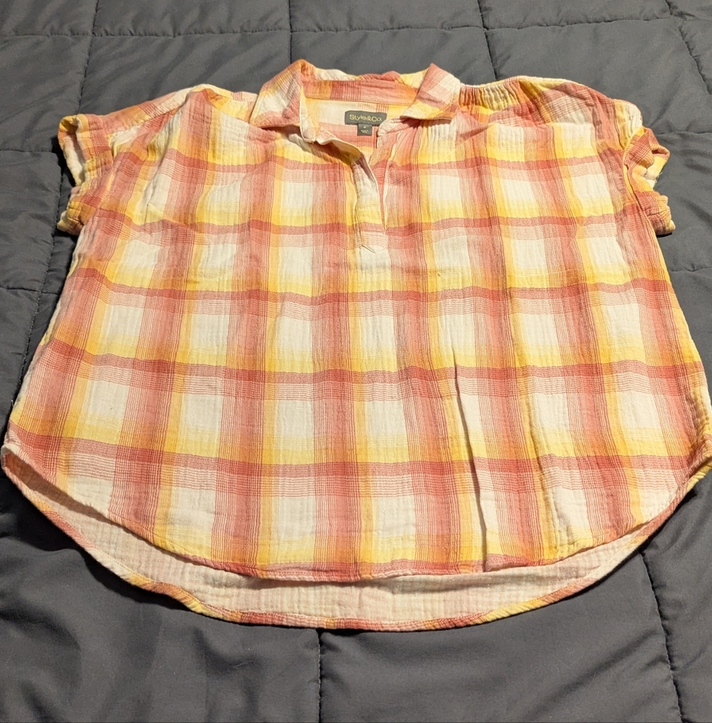 Style & Co. Women's Pink and Yellow Plaid Collared Shirt 100% Cotton Size Medium